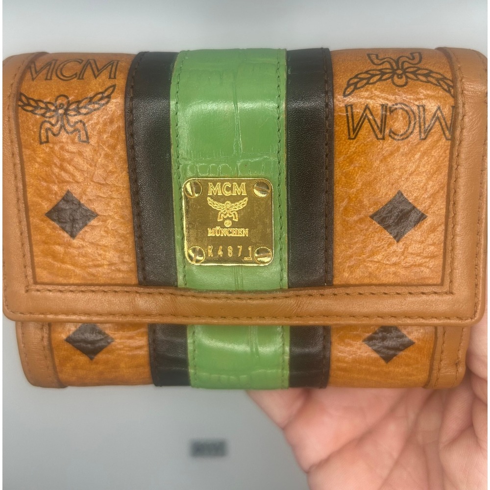 MCM Wallet‎ Trifold Cognac Visetos Leather Green Stripe #117 - Picture 2 of 9